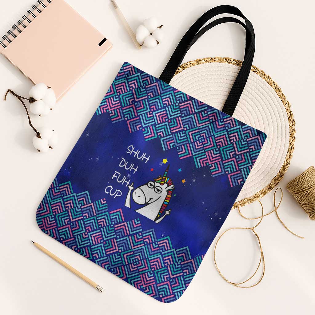 Funny Unicorn Tote Bag with Shuh Duh Fuh Cup Quote Blue Geometric and Cartoon - Wonder Print Shop