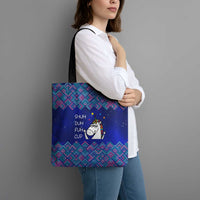Funny Unicorn Tote Bag with Shuh Duh Fuh Cup Quote Blue Geometric and Cartoon - Wonder Print Shop