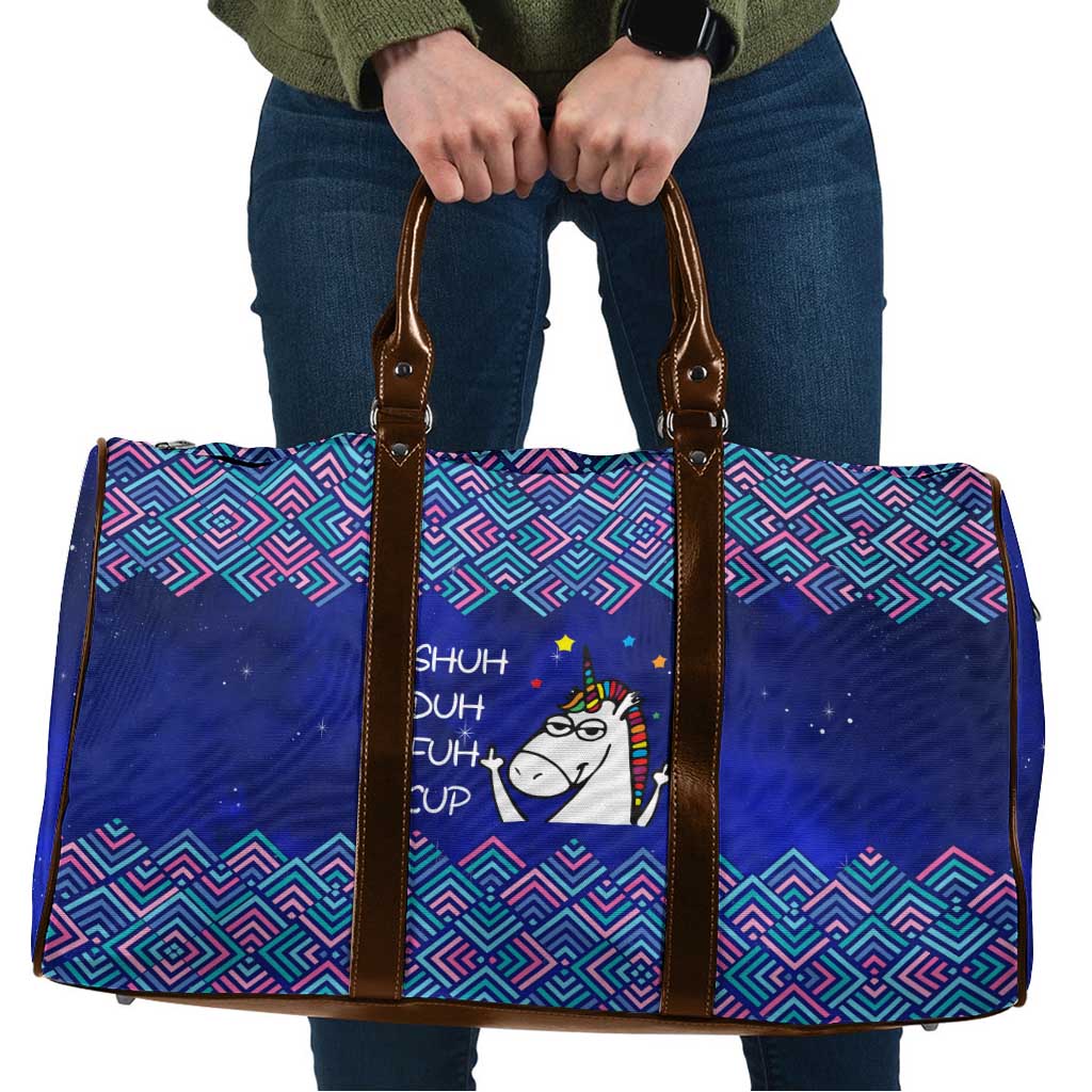 Funny Unicorn Travel Bag with Shuh Duh Fuh Cup Quote Blue Geometric and Cartoon - Wonder Print Shop