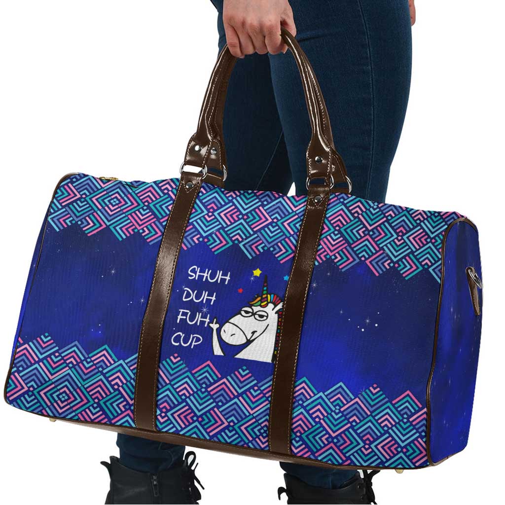Funny Unicorn Travel Bag with Shuh Duh Fuh Cup Quote Blue Geometric and Cartoon - Wonder Print Shop