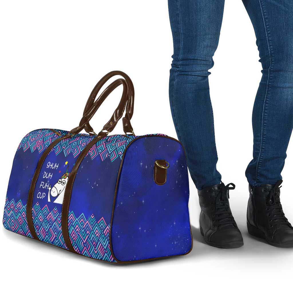 Funny Unicorn Travel Bag with Shuh Duh Fuh Cup Quote Blue Geometric and Cartoon - Wonder Print Shop