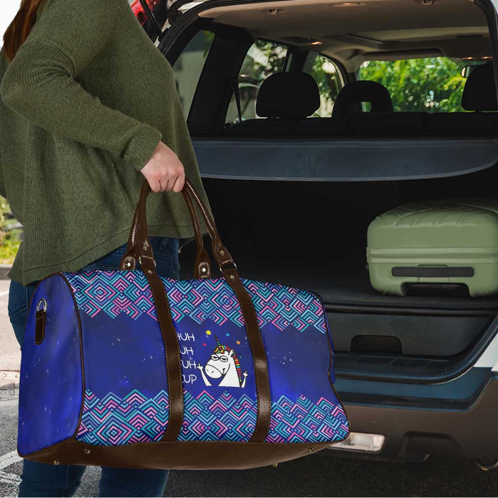 Funny Unicorn Travel Bag with Shuh Duh Fuh Cup Quote Blue Geometric and Cartoon - Wonder Print Shop