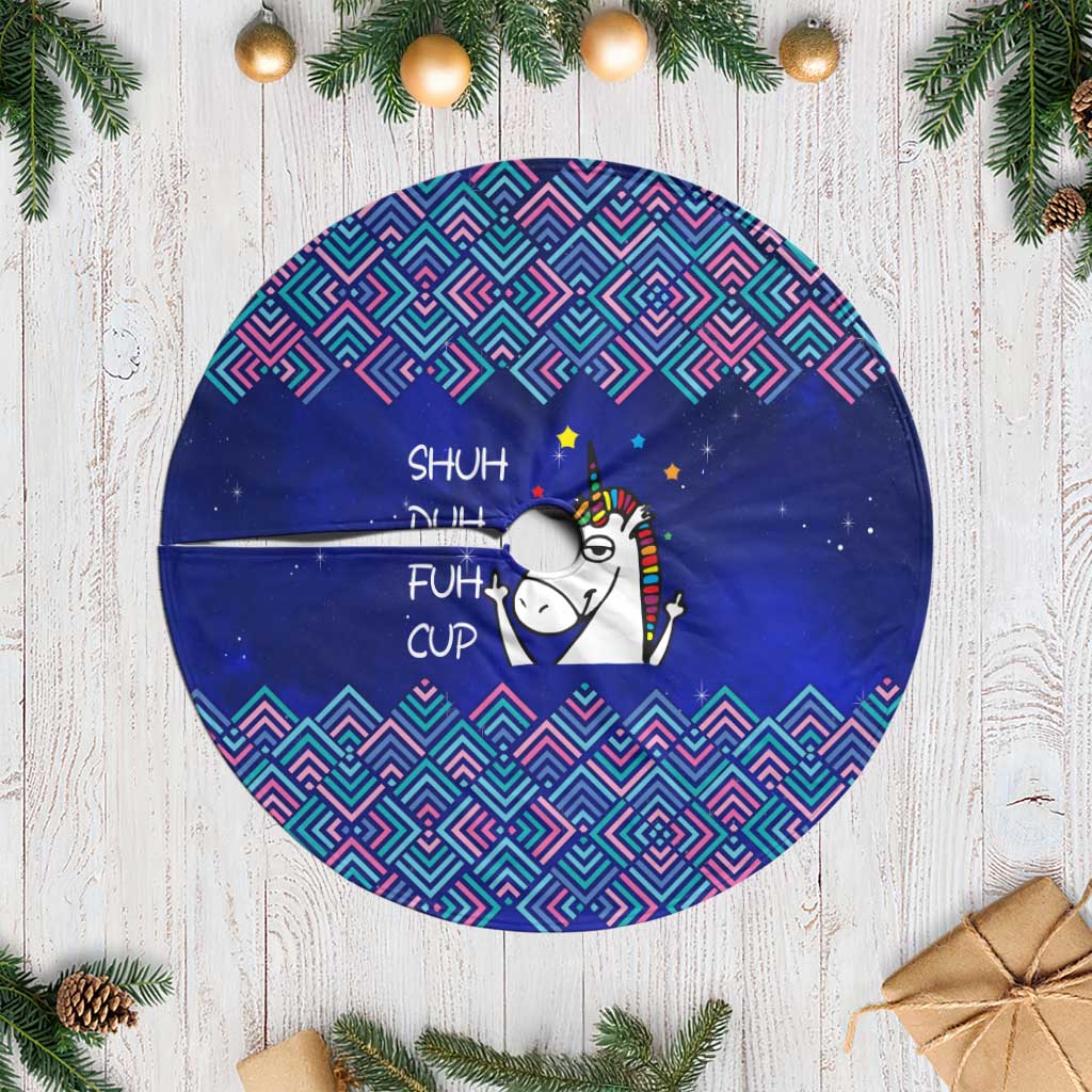 Funny Unicorn Tree Skirt with Shuh Duh Fuh Cup Quote Blue Geometric and Cartoon - Wonder Print Shop