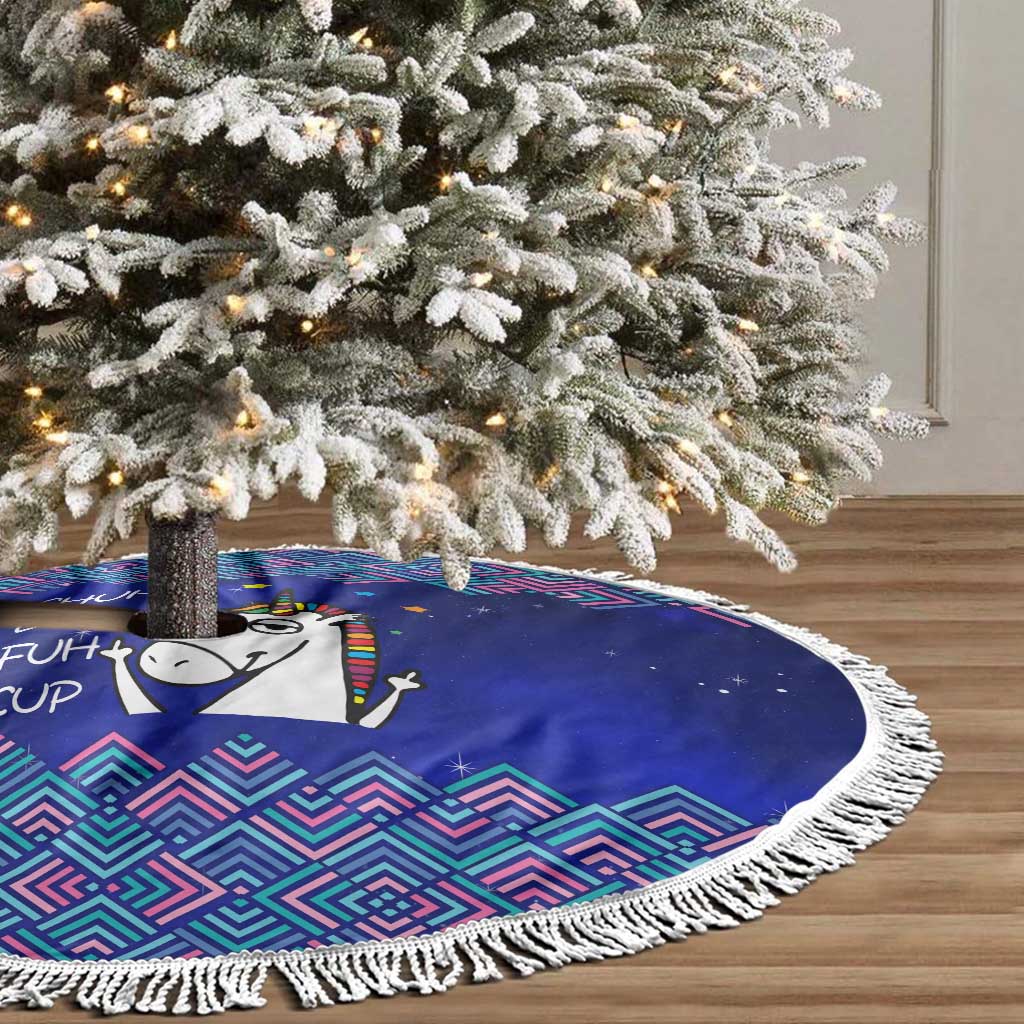 Funny Unicorn Tree Skirt with Shuh Duh Fuh Cup Quote Blue Geometric and Cartoon - Wonder Print Shop
