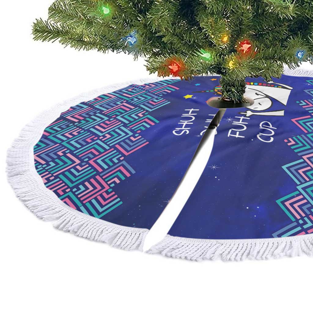 Funny Unicorn Tree Skirt with Shuh Duh Fuh Cup Quote Blue Geometric and Cartoon - Wonder Print Shop