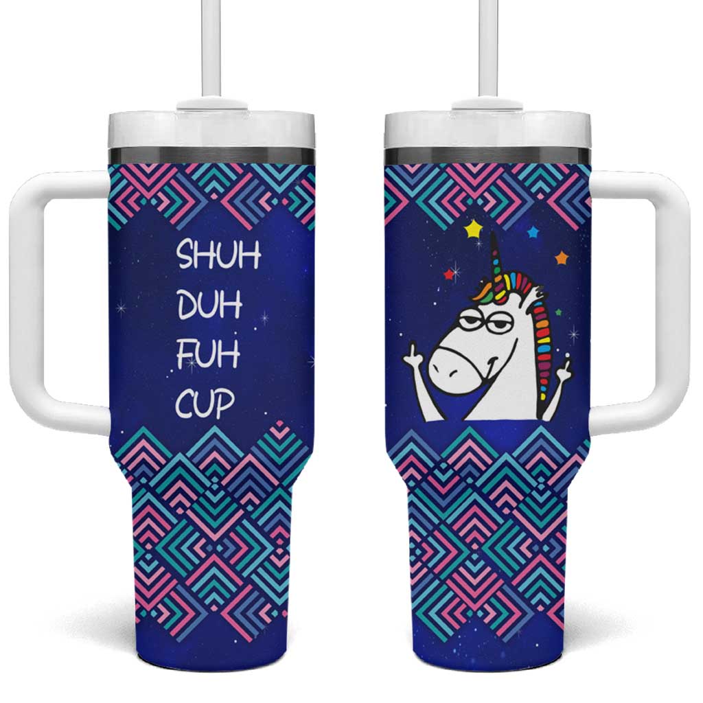Funny Unicorn Tumbler With Handle with Shuh Duh Fuh Cup Quote Blue Geometric and Cartoon - Wonder Print Shop