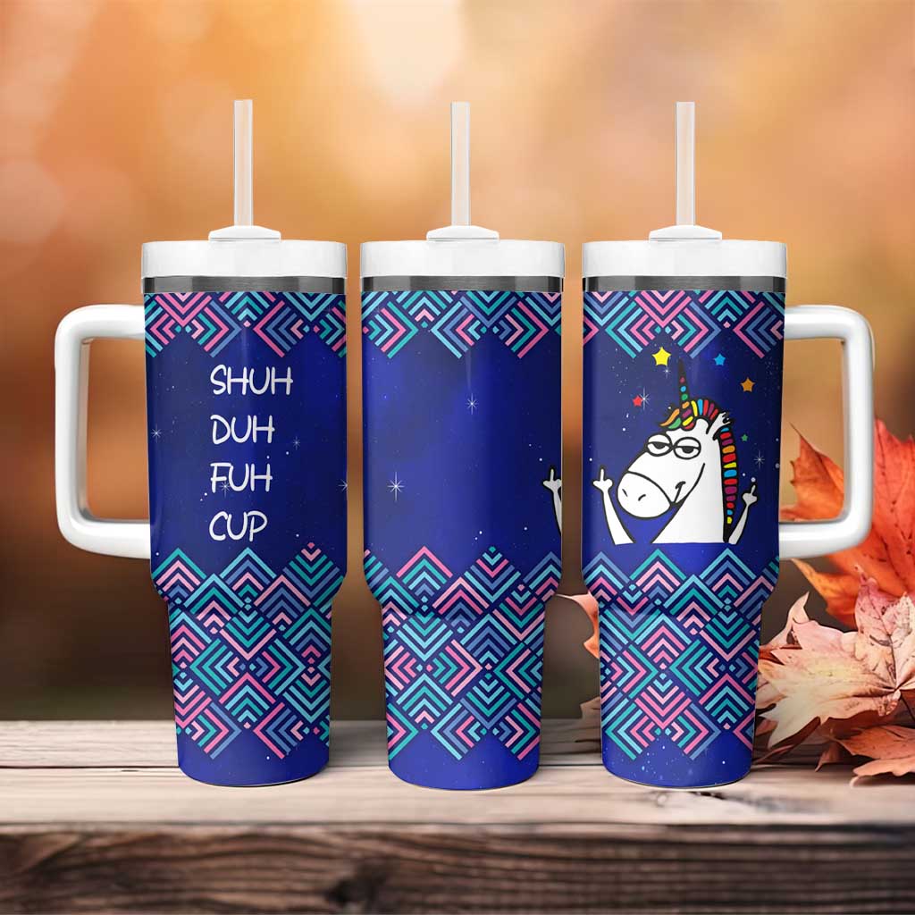 Funny Unicorn Tumbler With Handle with Shuh Duh Fuh Cup Quote Blue Geometric and Cartoon - Wonder Print Shop