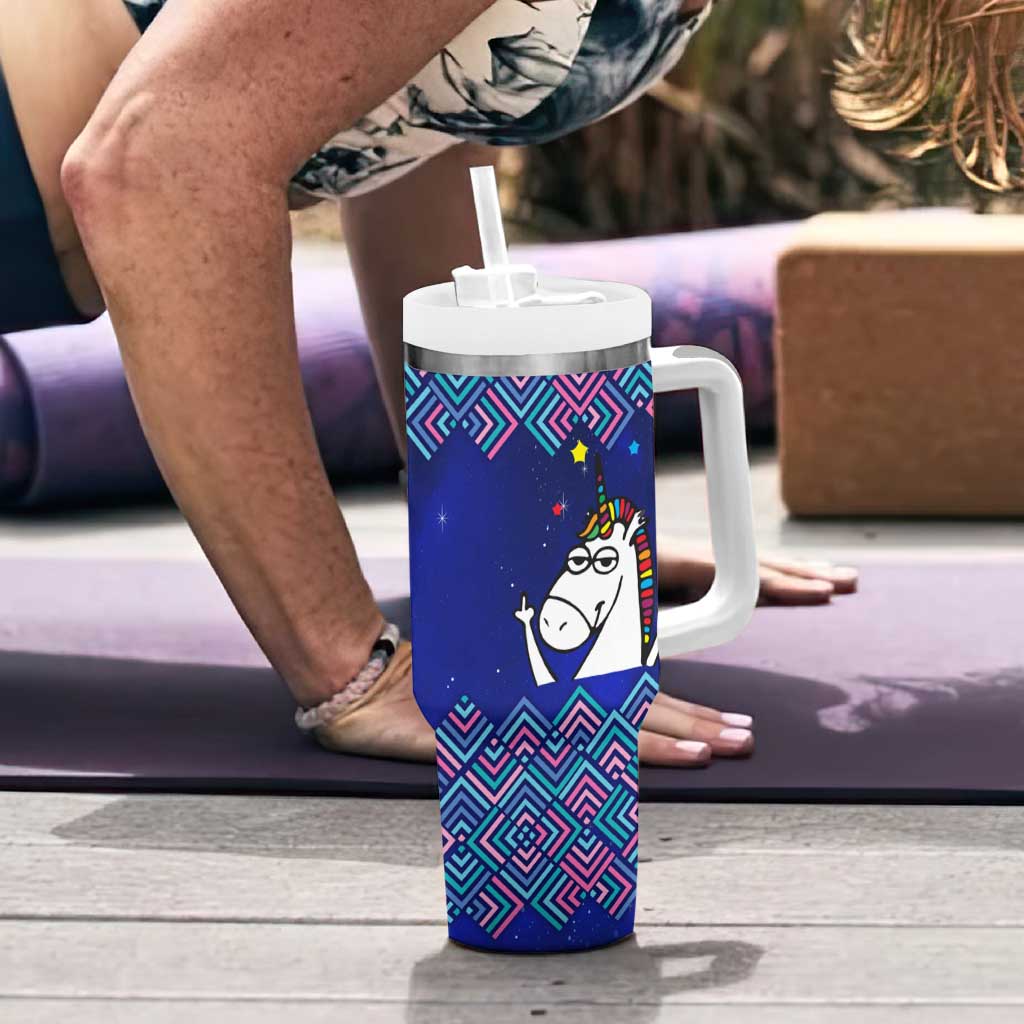 Funny Unicorn Tumbler With Handle with Shuh Duh Fuh Cup Quote Blue Geometric and Cartoon - Wonder Print Shop