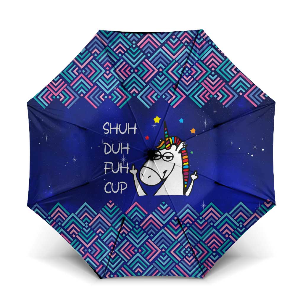 Funny Unicorn Umbrella with Shuh Duh Fuh Cup Quote Blue Geometric and Cartoon - Wonder Print Shop