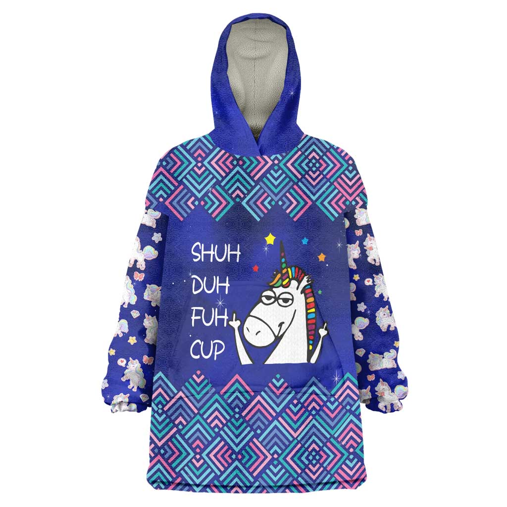 Funny Unicorn Wearable Blanket Hoodie with Shuh Duh Fuh Cup Quote Blue Geometric and Cartoon - Wonder Print Shop