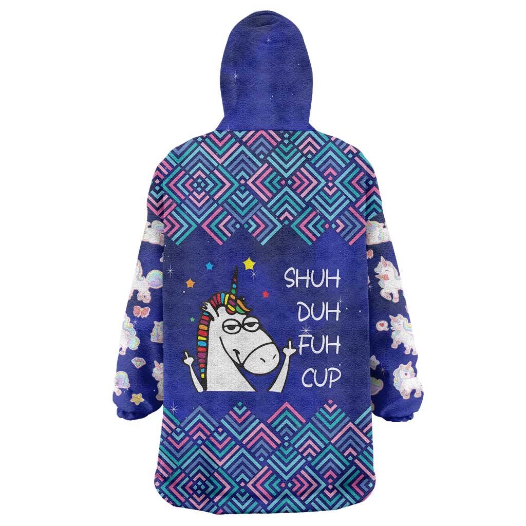 Funny Unicorn Wearable Blanket Hoodie with Shuh Duh Fuh Cup Quote Blue Geometric and Cartoon - Wonder Print Shop