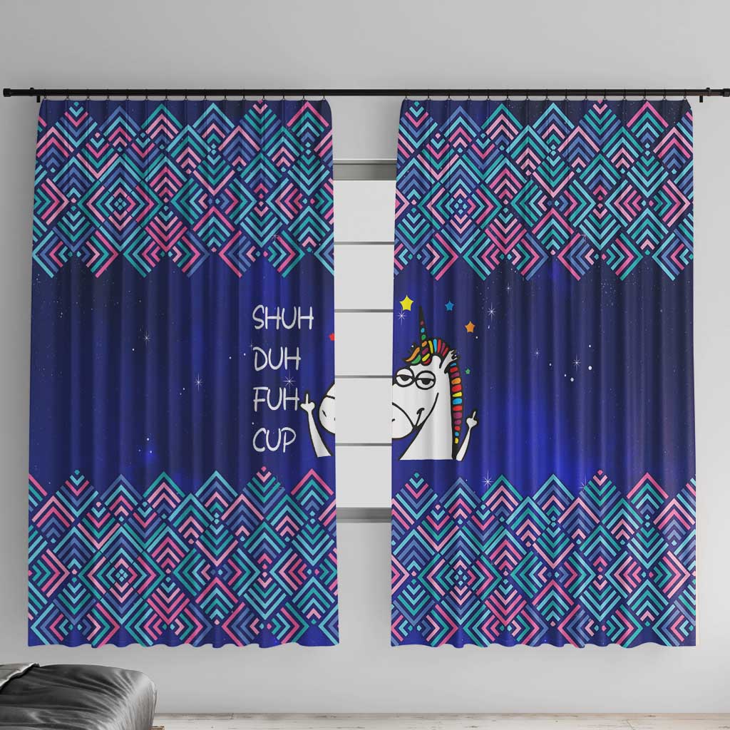 Funny Unicorn Window Curtain with Shuh Duh Fuh Cup Quote Blue Geometric and Cartoon - Wonder Print Shop