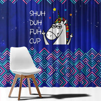 Funny Unicorn Window Curtain with Shuh Duh Fuh Cup Quote Blue Geometric and Cartoon - Wonder Print Shop