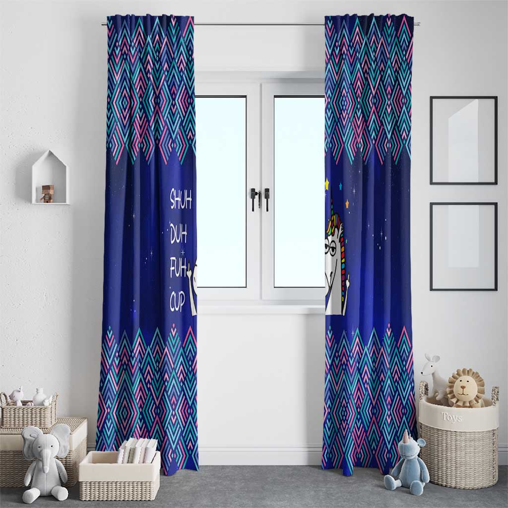 Funny Unicorn Window Curtain with Shuh Duh Fuh Cup Quote Blue Geometric and Cartoon - Wonder Print Shop