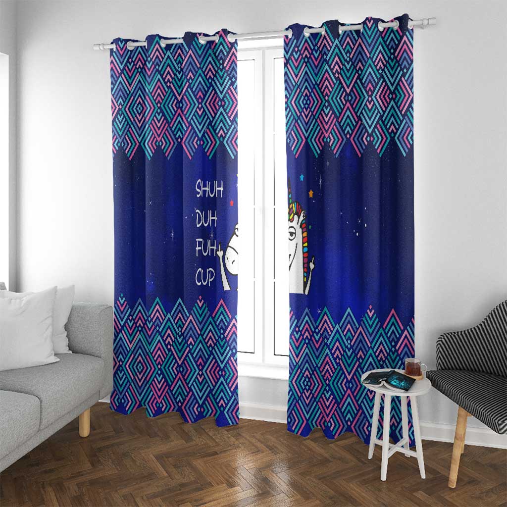 Funny Unicorn Window Curtain with Shuh Duh Fuh Cup Quote Blue Geometric and Cartoon - Wonder Print Shop