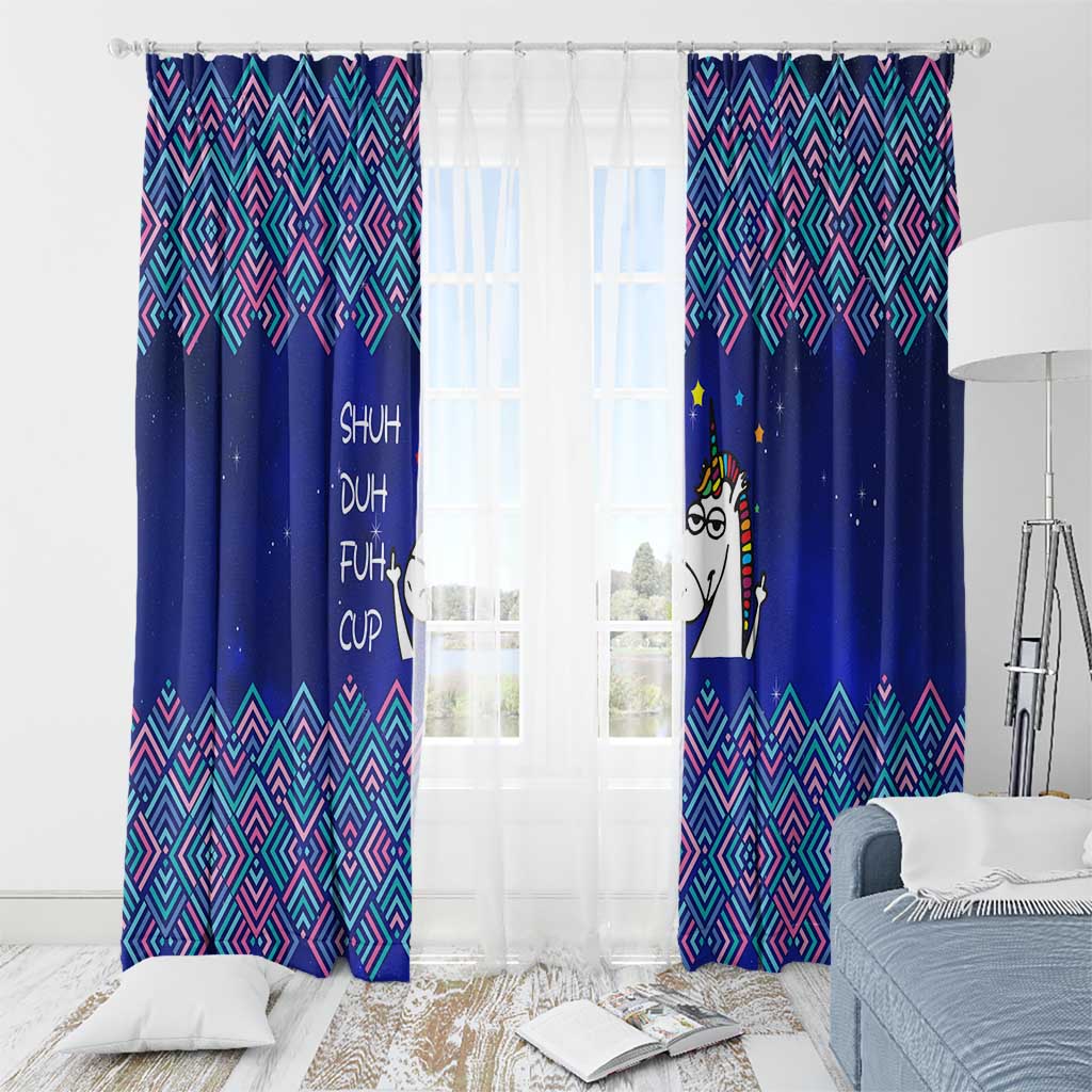 Funny Unicorn Window Curtain with Shuh Duh Fuh Cup Quote Blue Geometric and Cartoon - Wonder Print Shop