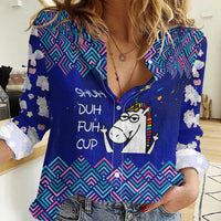 Funny Unicorn Women Casual Shirt with Shuh Duh Fuh Cup Quote Blue Geometric and Cartoon - Wonder Print Shop