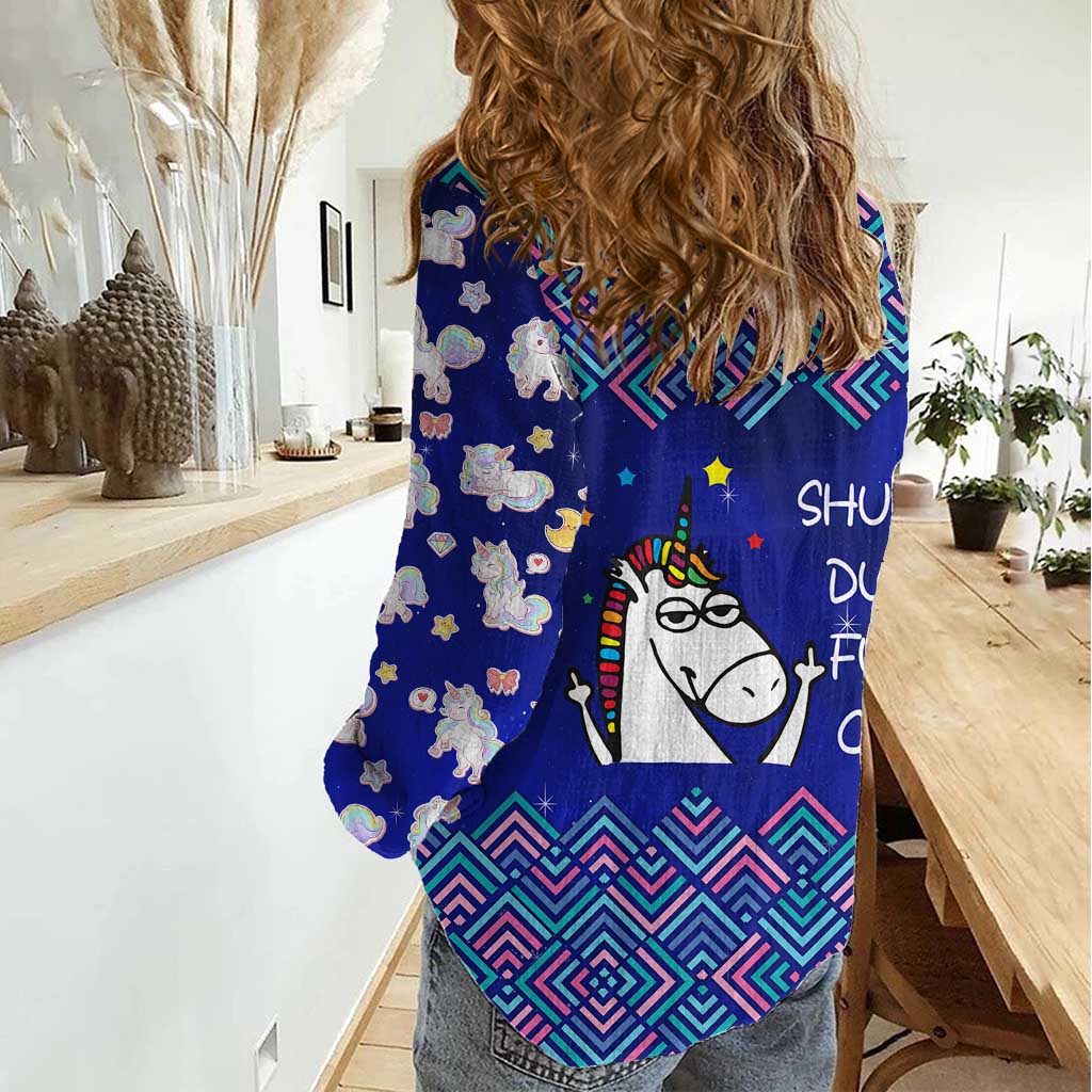 Funny Unicorn Women Casual Shirt with Shuh Duh Fuh Cup Quote Blue Geometric and Cartoon - Wonder Print Shop