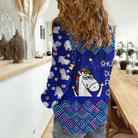 Funny Unicorn Women Casual Shirt with Shuh Duh Fuh Cup Quote Blue Geometric and Cartoon - Wonder Print Shop