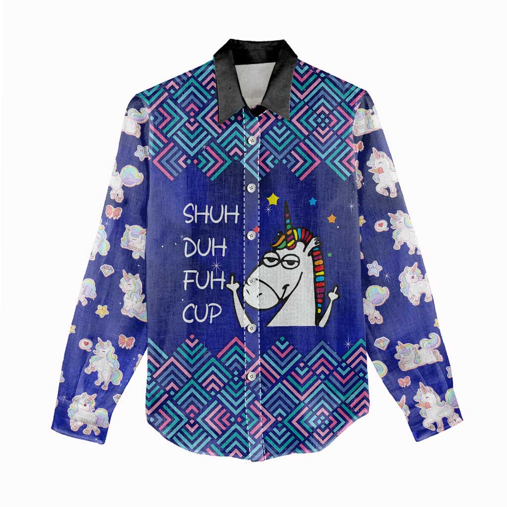 Funny Unicorn Women Casual Shirt with Shuh Duh Fuh Cup Quote Blue Geometric and Cartoon - Wonder Print Shop