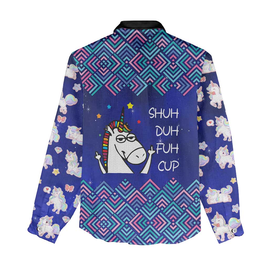 Funny Unicorn Women Casual Shirt with Shuh Duh Fuh Cup Quote Blue Geometric and Cartoon - Wonder Print Shop