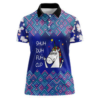 Funny Unicorn Women Polo Shirt with Shuh Duh Fuh Cup Quote Blue Geometric and Cartoon - Wonder Print Shop