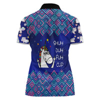 Funny Unicorn Women Polo Shirt with Shuh Duh Fuh Cup Quote Blue Geometric and Cartoon - Wonder Print Shop