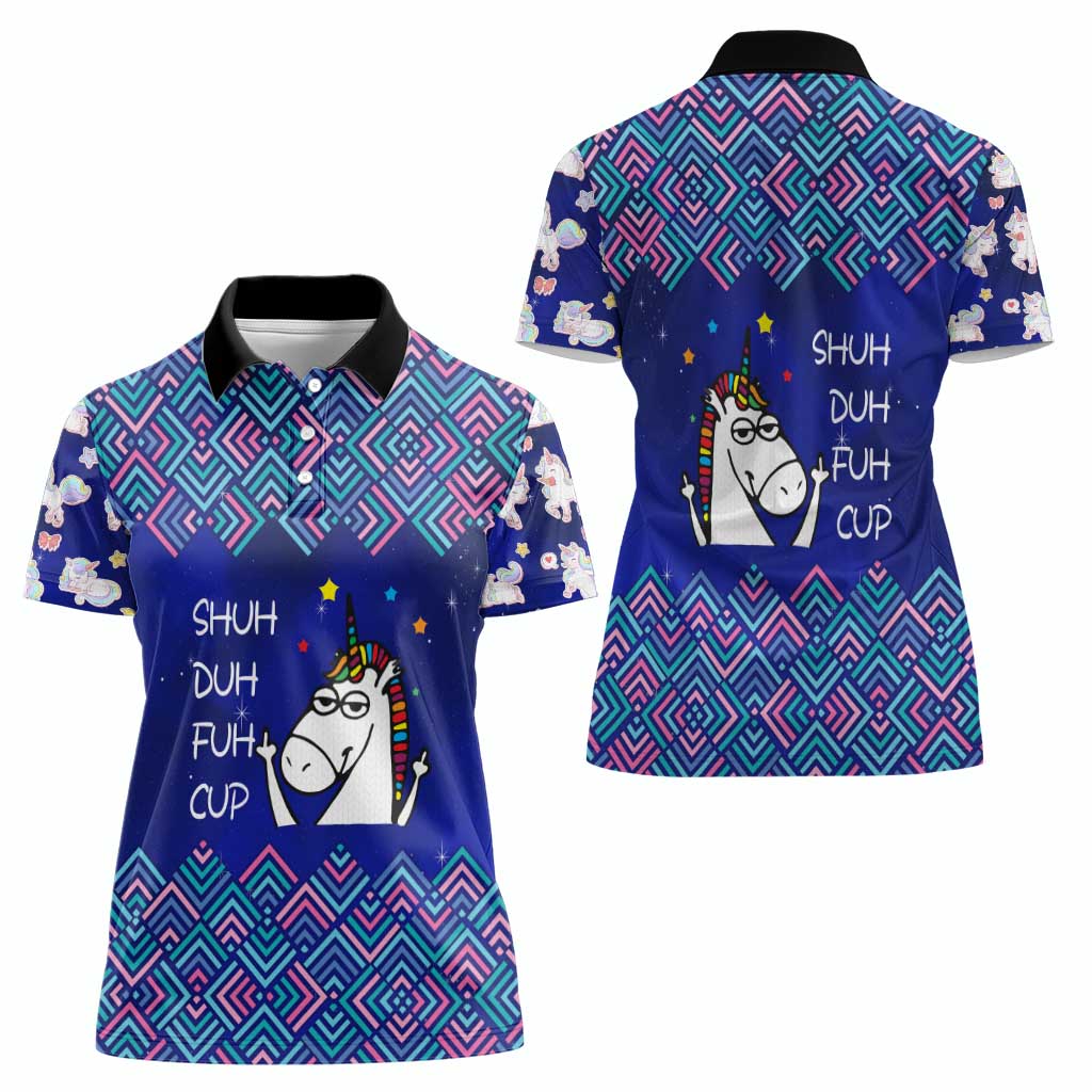 Funny Unicorn Women Polo Shirt with Shuh Duh Fuh Cup Quote Blue Geometric and Cartoon - Wonder Print Shop