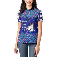 Funny Unicorn Women Polo Shirt with Shuh Duh Fuh Cup Quote Blue Geometric and Cartoon - Wonder Print Shop