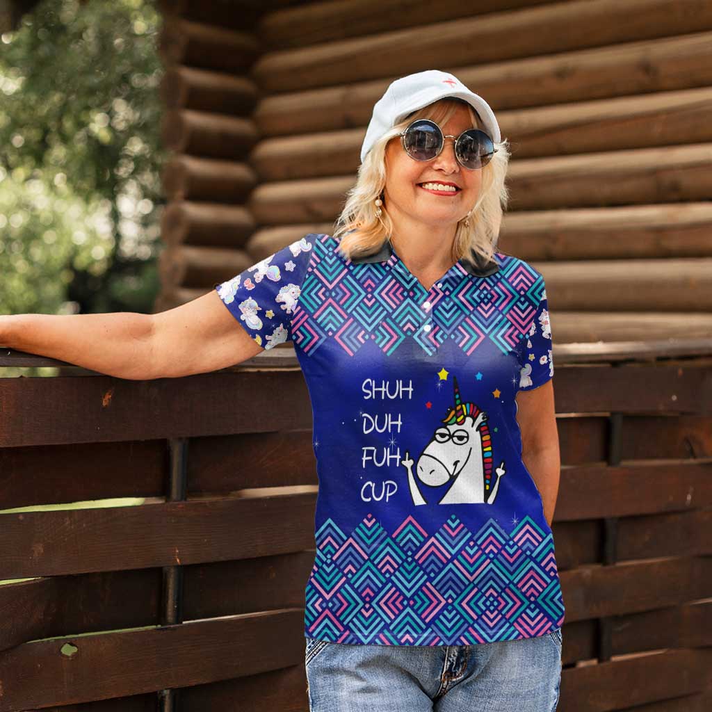 Funny Unicorn Women Polo Shirt with Shuh Duh Fuh Cup Quote Blue Geometric and Cartoon - Wonder Print Shop