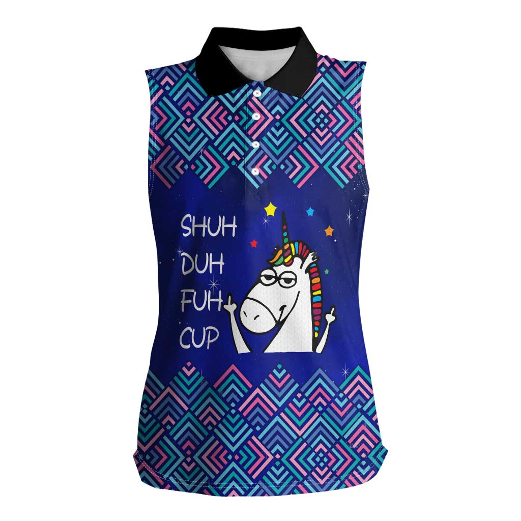 Funny Unicorn Women Sleeveless Polo Shirt with Shuh Duh Fuh Cup Quote Blue Geometric and Cartoon - Wonder Print Shop