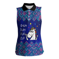 Funny Unicorn Women Sleeveless Polo Shirt with Shuh Duh Fuh Cup Quote Blue Geometric and Cartoon - Wonder Print Shop