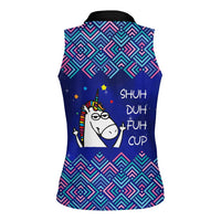 Funny Unicorn Women Sleeveless Polo Shirt with Shuh Duh Fuh Cup Quote Blue Geometric and Cartoon - Wonder Print Shop