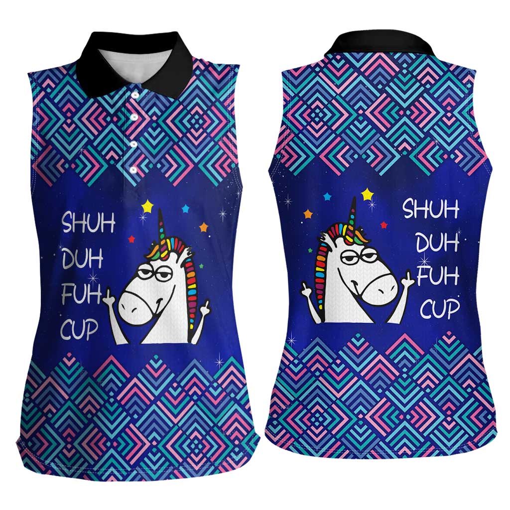 Funny Unicorn Women Sleeveless Polo Shirt with Shuh Duh Fuh Cup Quote Blue Geometric and Cartoon - Wonder Print Shop