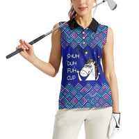 Funny Unicorn Women Sleeveless Polo Shirt with Shuh Duh Fuh Cup Quote Blue Geometric and Cartoon - Wonder Print Shop