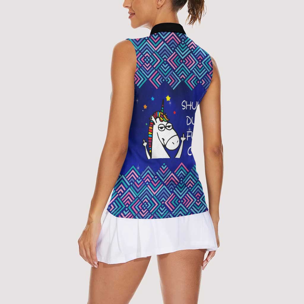 Funny Unicorn Women Sleeveless Polo Shirt with Shuh Duh Fuh Cup Quote Blue Geometric and Cartoon - Wonder Print Shop
