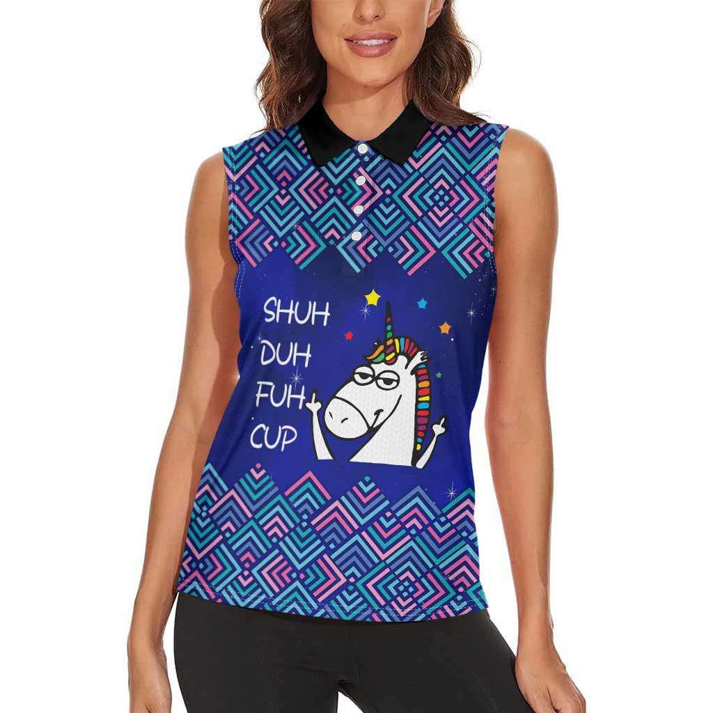 Funny Unicorn Women Sleeveless Polo Shirt with Shuh Duh Fuh Cup Quote Blue Geometric and Cartoon - Wonder Print Shop