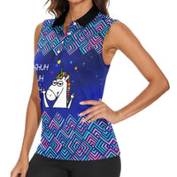 Funny Unicorn Women Sleeveless Polo Shirt with Shuh Duh Fuh Cup Quote Blue Geometric and Cartoon - Wonder Print Shop