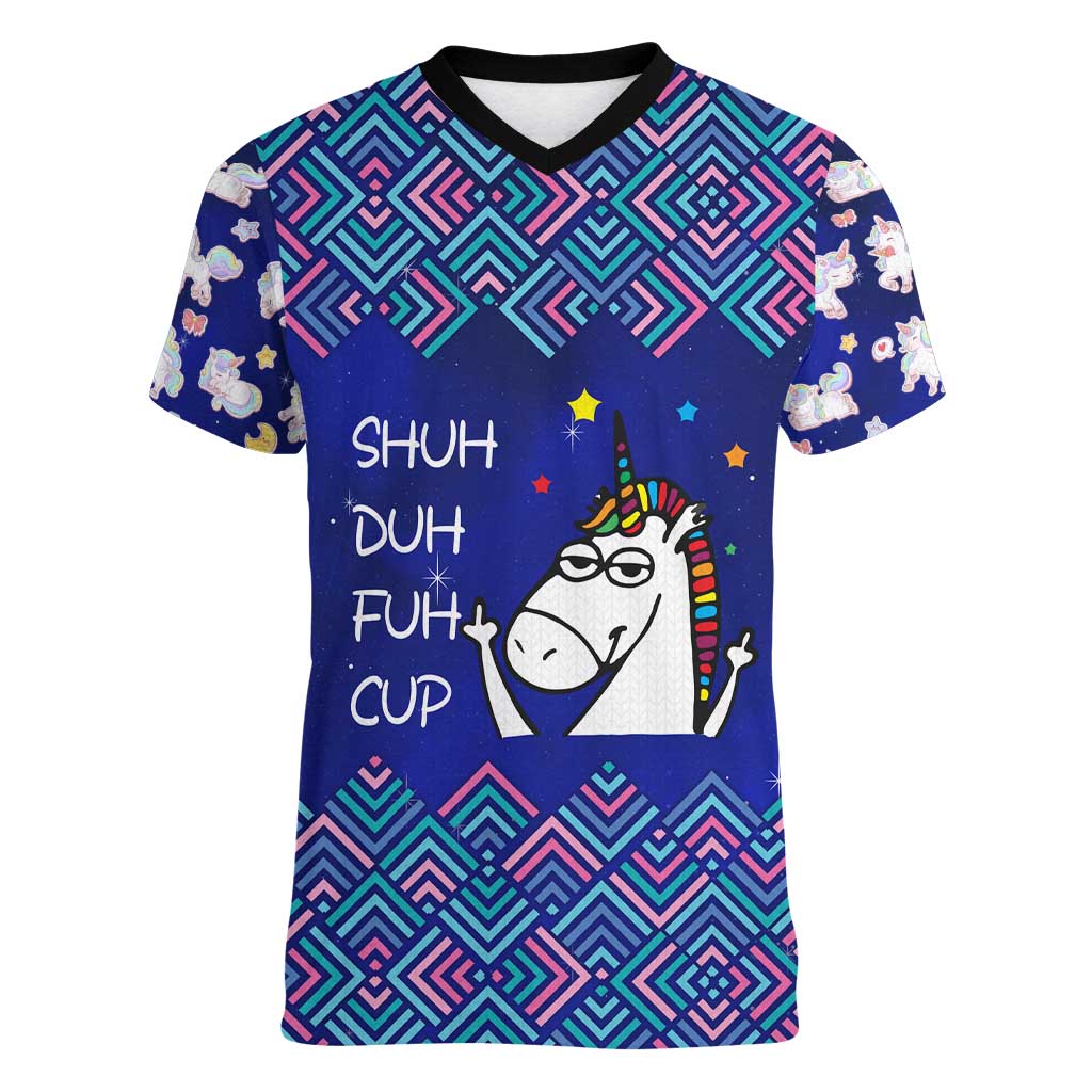 Funny Unicorn Women V-Neck T-Shirt with Shuh Duh Fuh Cup Quote Blue Geometric and Cartoon - Wonder Print Shop