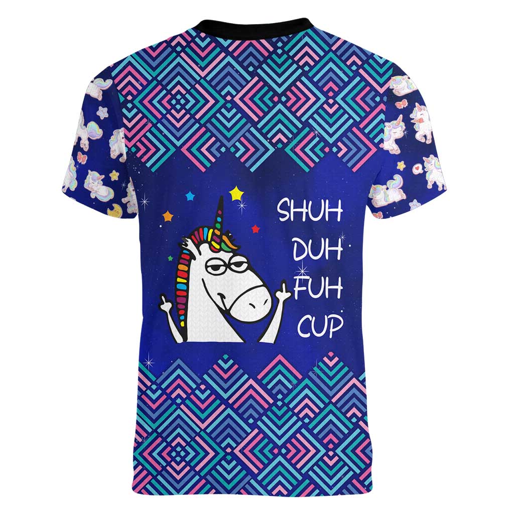 Funny Unicorn Women V-Neck T-Shirt with Shuh Duh Fuh Cup Quote Blue Geometric and Cartoon - Wonder Print Shop