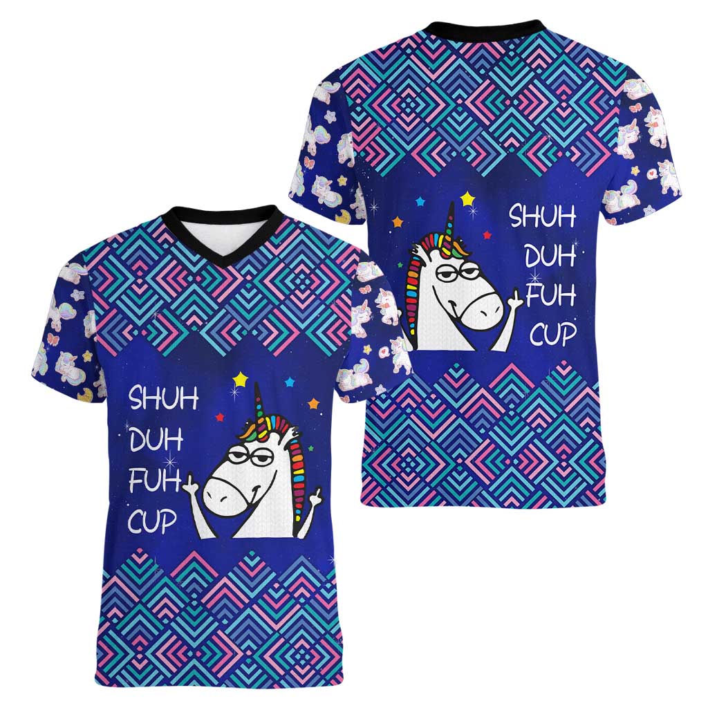 Funny Unicorn Women V-Neck T-Shirt with Shuh Duh Fuh Cup Quote Blue Geometric and Cartoon - Wonder Print Shop