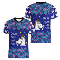 Funny Unicorn Women V-Neck T-Shirt with Shuh Duh Fuh Cup Quote Blue Geometric and Cartoon - Wonder Print Shop