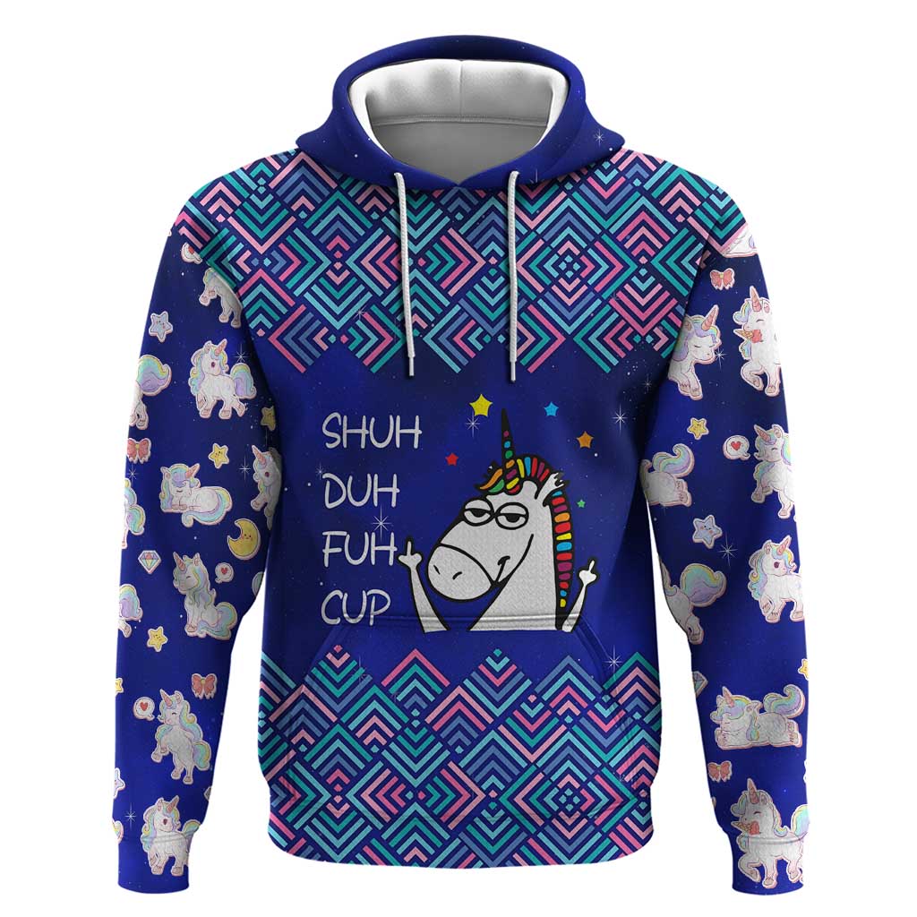 Funny Unicorn Zip Hoodie with Shuh Duh Fuh Cup Quote Blue Geometric and Cartoon - Wonder Print Shop