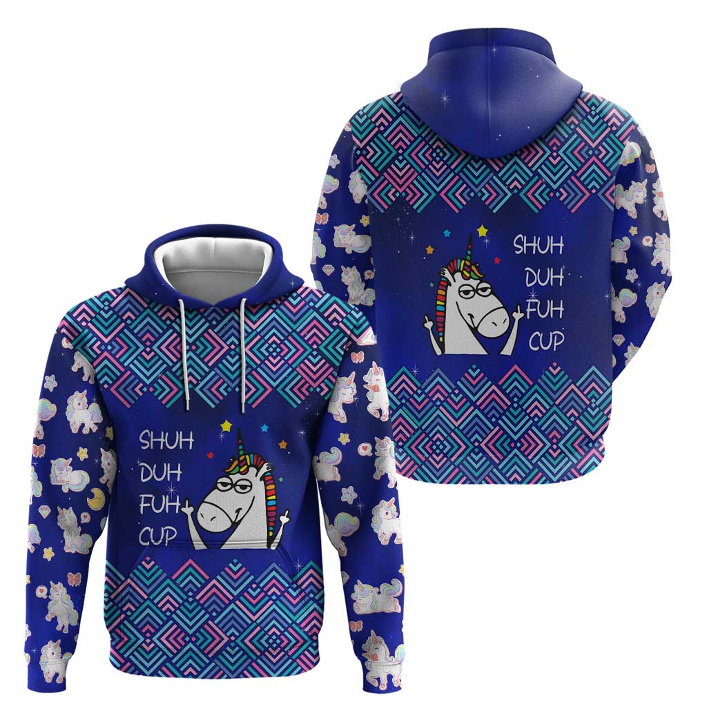 Funny Unicorn Zip Hoodie with Shuh Duh Fuh Cup Quote Blue Geometric and Cartoon - Wonder Print Shop