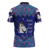 Funny Unicorn Zipper Polo Shirt with Shuh Duh Fuh Cup Quote Blue Geometric and Cartoon - Wonder Print Shop