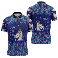 Funny Unicorn Zipper Polo Shirt with Shuh Duh Fuh Cup Quote Blue Geometric and Cartoon - Wonder Print Shop