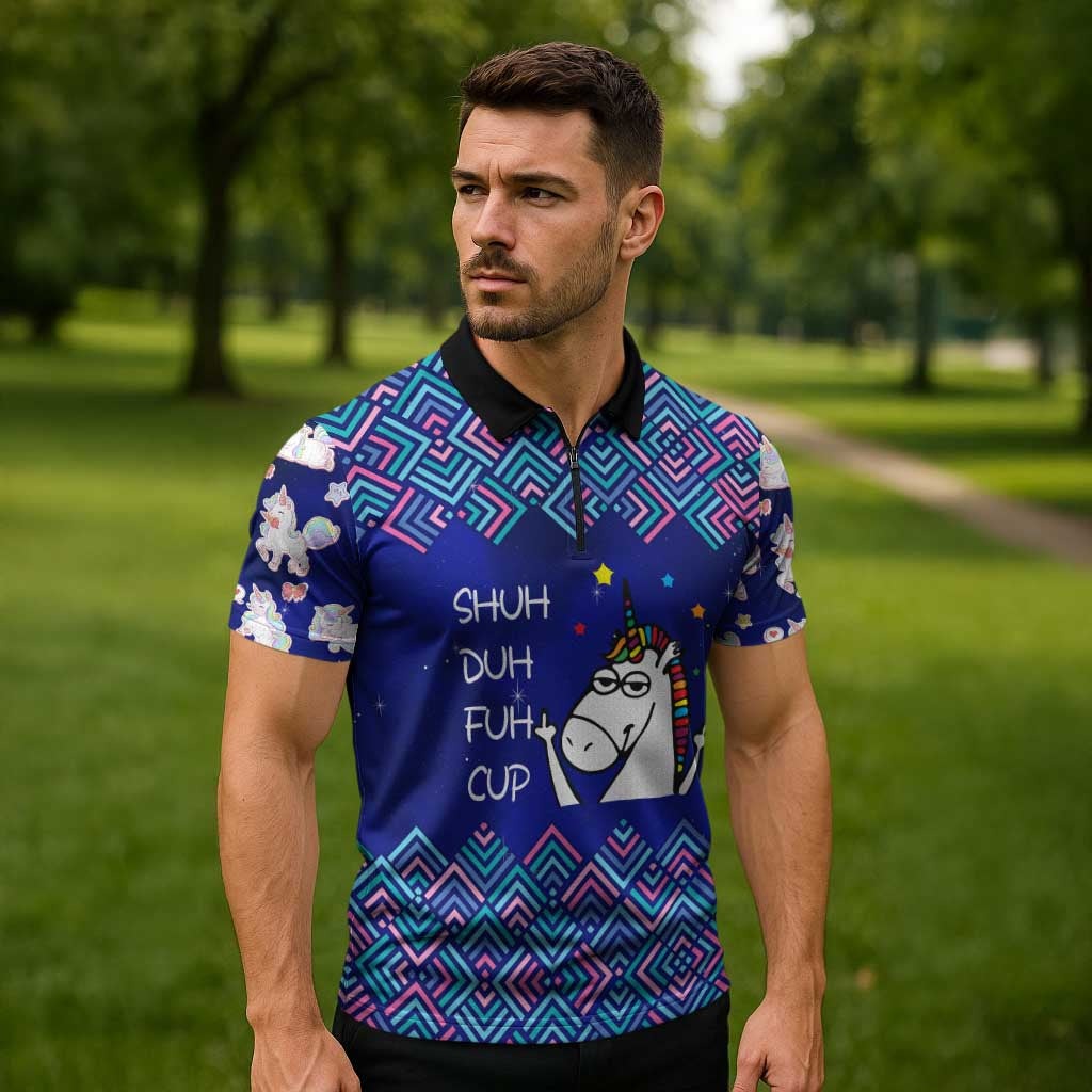 Funny Unicorn Zipper Polo Shirt with Shuh Duh Fuh Cup Quote Blue Geometric and Cartoon - Wonder Print Shop