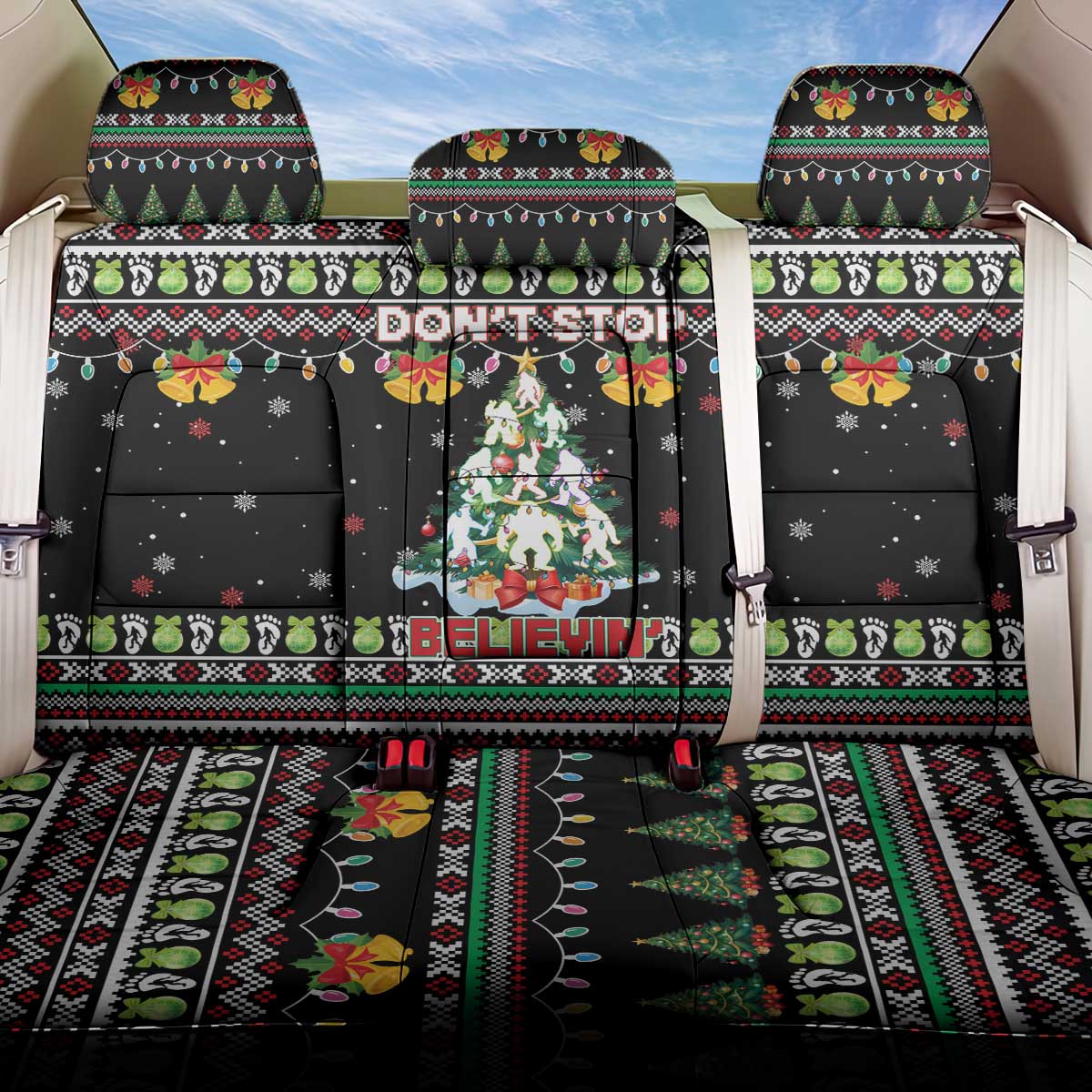 Christmas Unicorn Back Car Seat Cover with Don't Stop Believin Quote Tree Lights and Festive - Wonder Print Shop