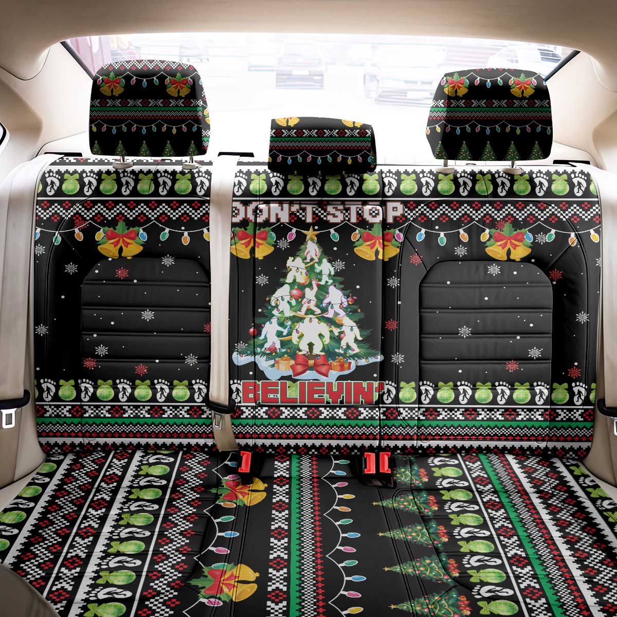 Christmas Unicorn Back Car Seat Cover with Don't Stop Believin Quote Tree Lights and Festive - Wonder Print Shop