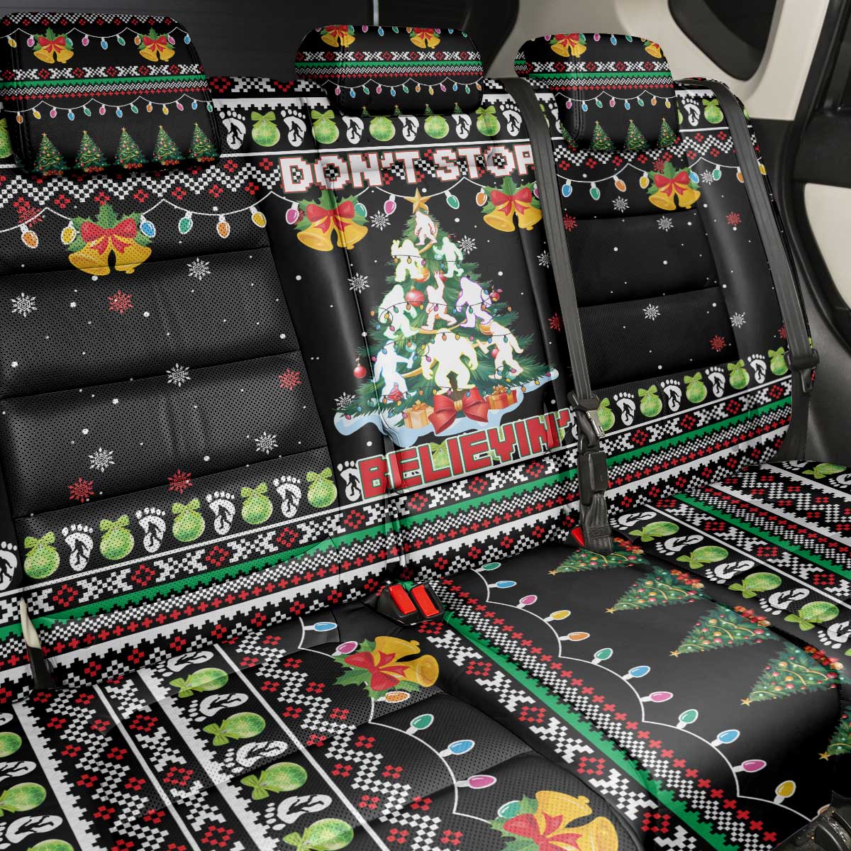Christmas Unicorn Back Car Seat Cover with Don't Stop Believin Quote Tree Lights and Festive - Wonder Print Shop